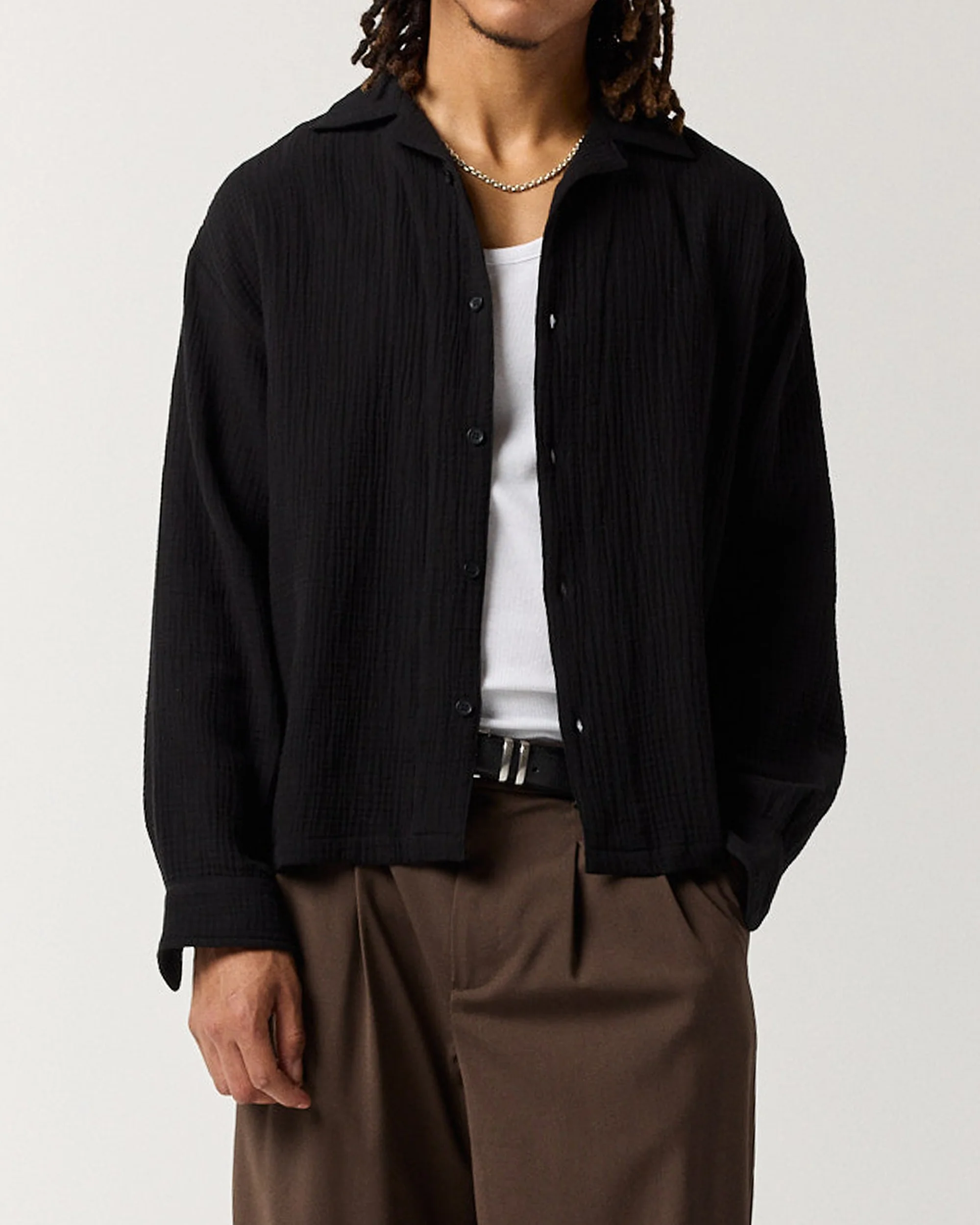 Long Sleeve Crinkle Shirt - Black - Image 3