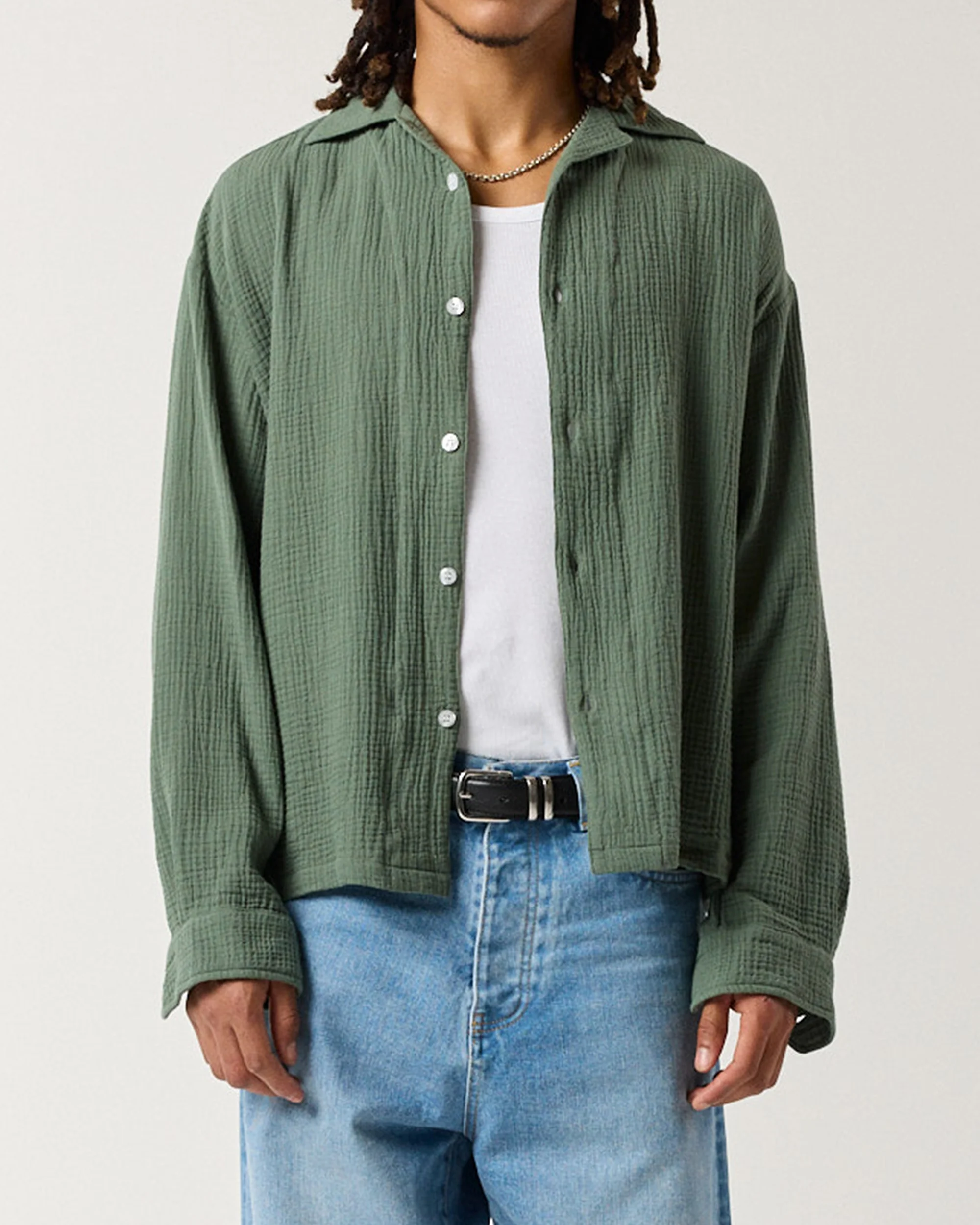 Long Sleeve Crinkle Shirt - Sage Green - Image 3