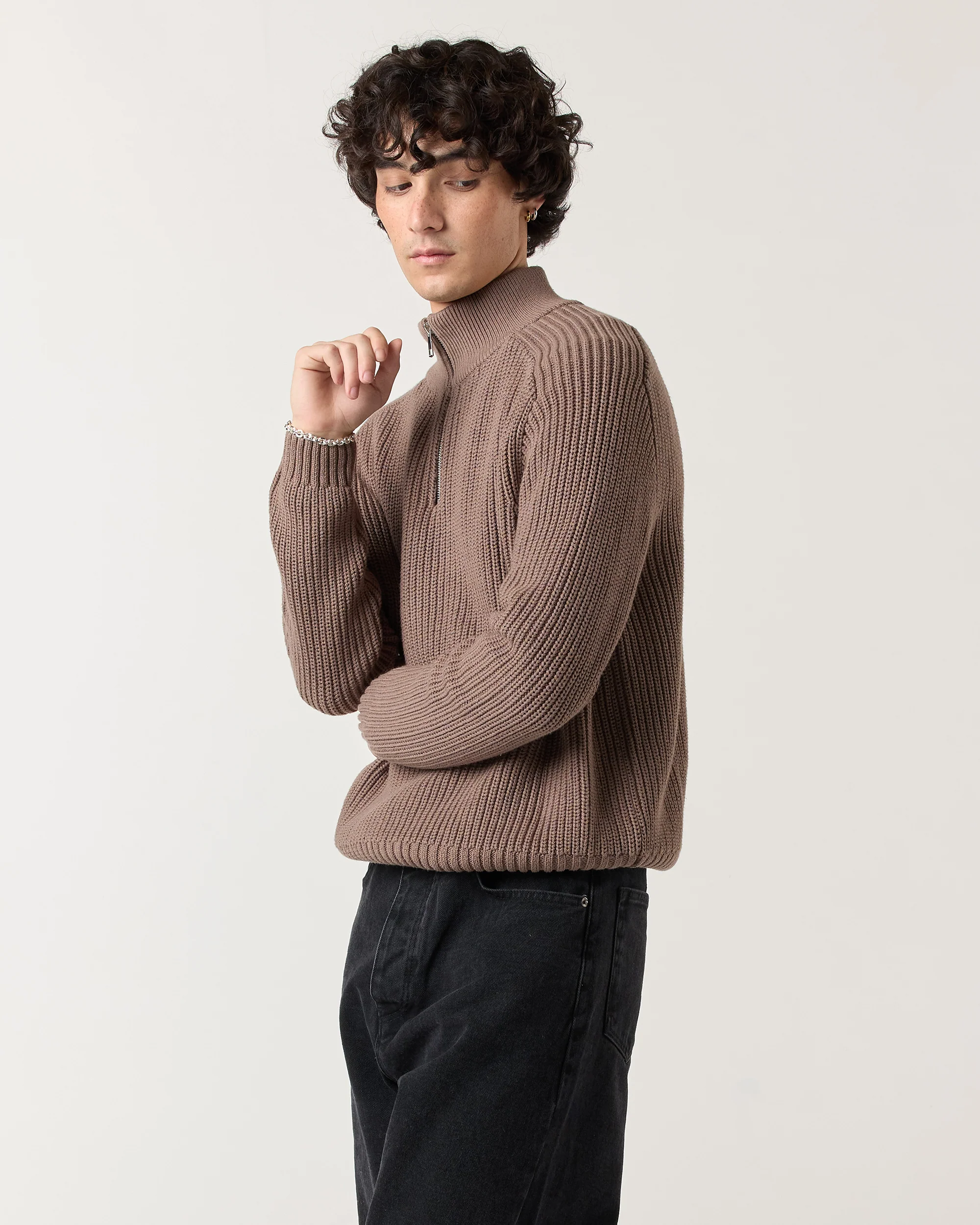 1/4 Zip Fisherman Sweater - Walnut - Image 4