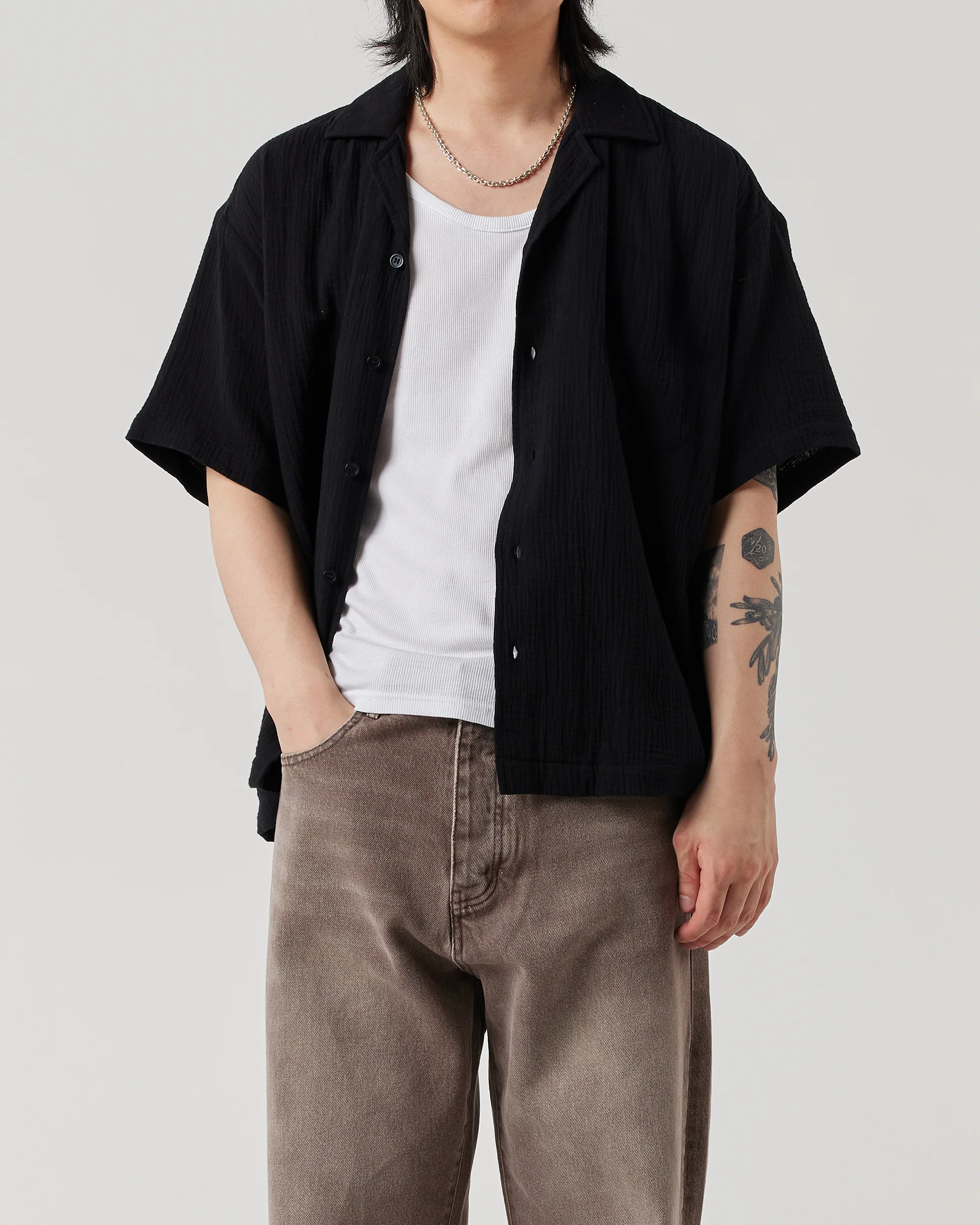 Short Sleeve Crinkle Shirt - Black - Image 3